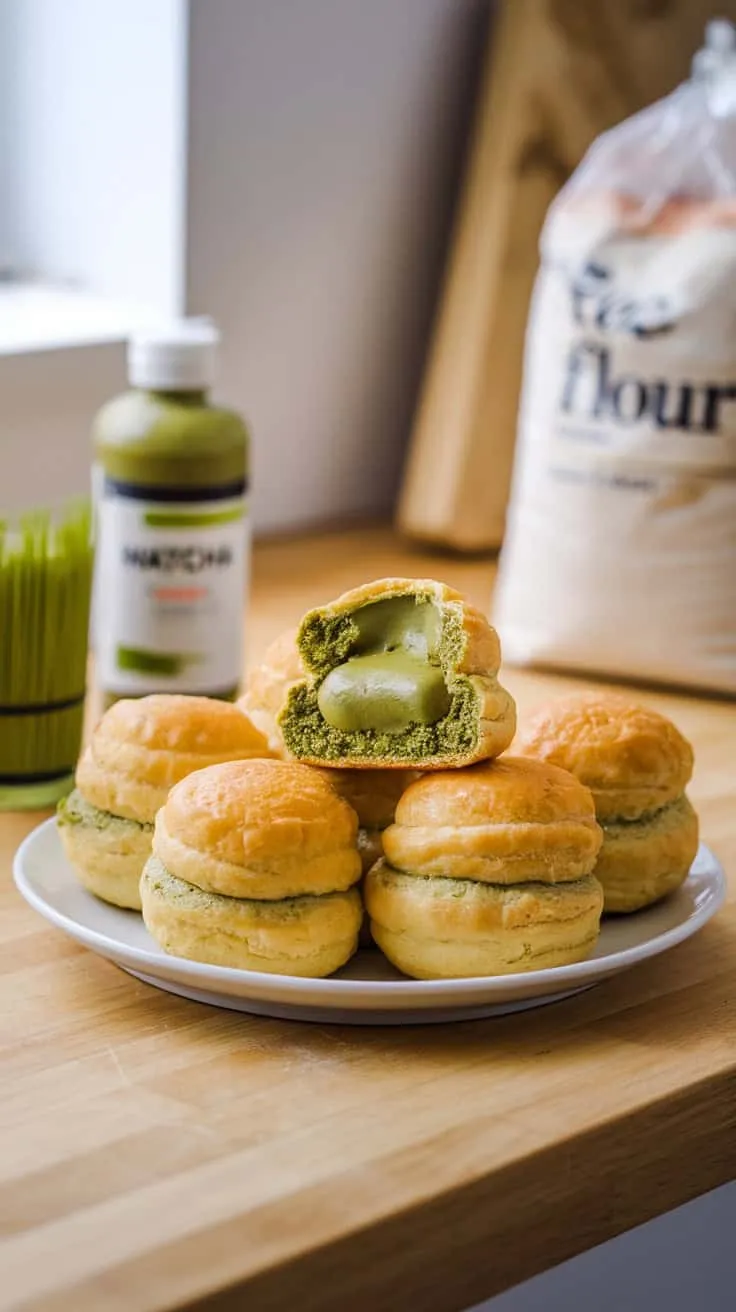 Plate of matcha cream puffs with one cut open, showing creamy filling.