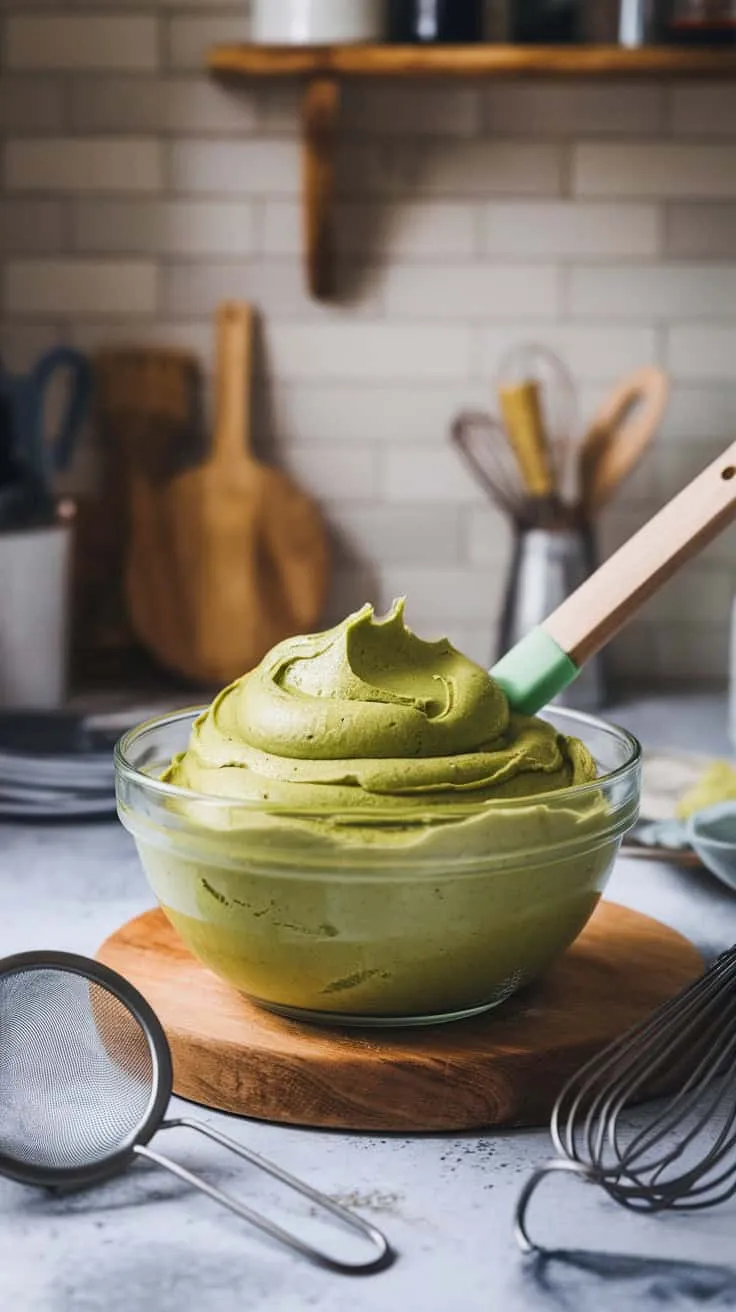 A bowl of matcha buttercream frosting with a green spatula, surrounded by kitchen utensils.