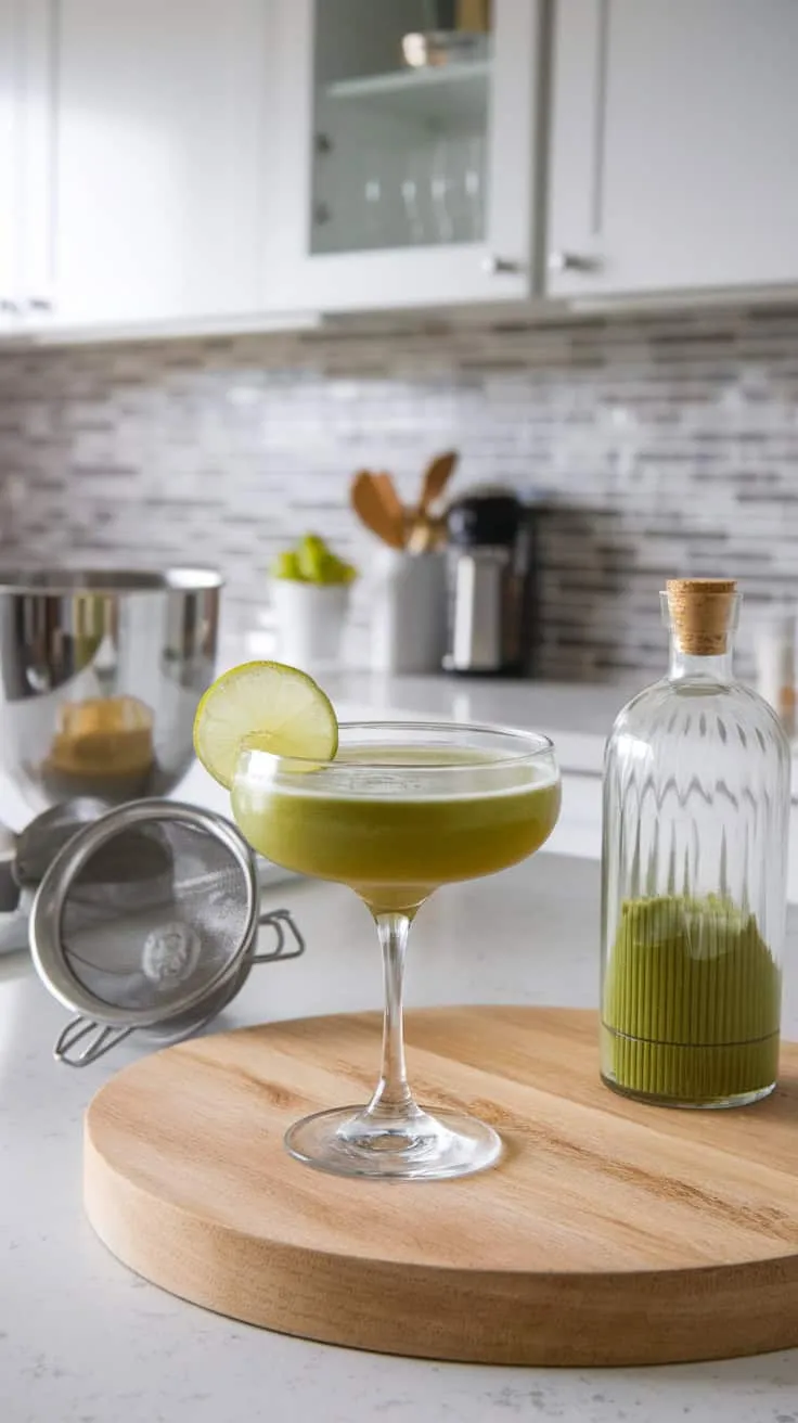 A matcha green tea cocktail garnished with a lime slice on a wooden board.