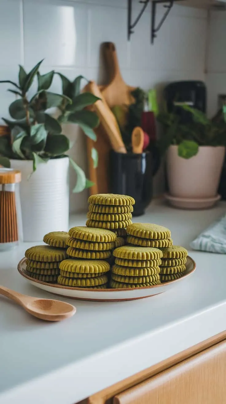 A plate of matcha shortbread cookies stacked on a kitchen counter with plants and utensils in the background.