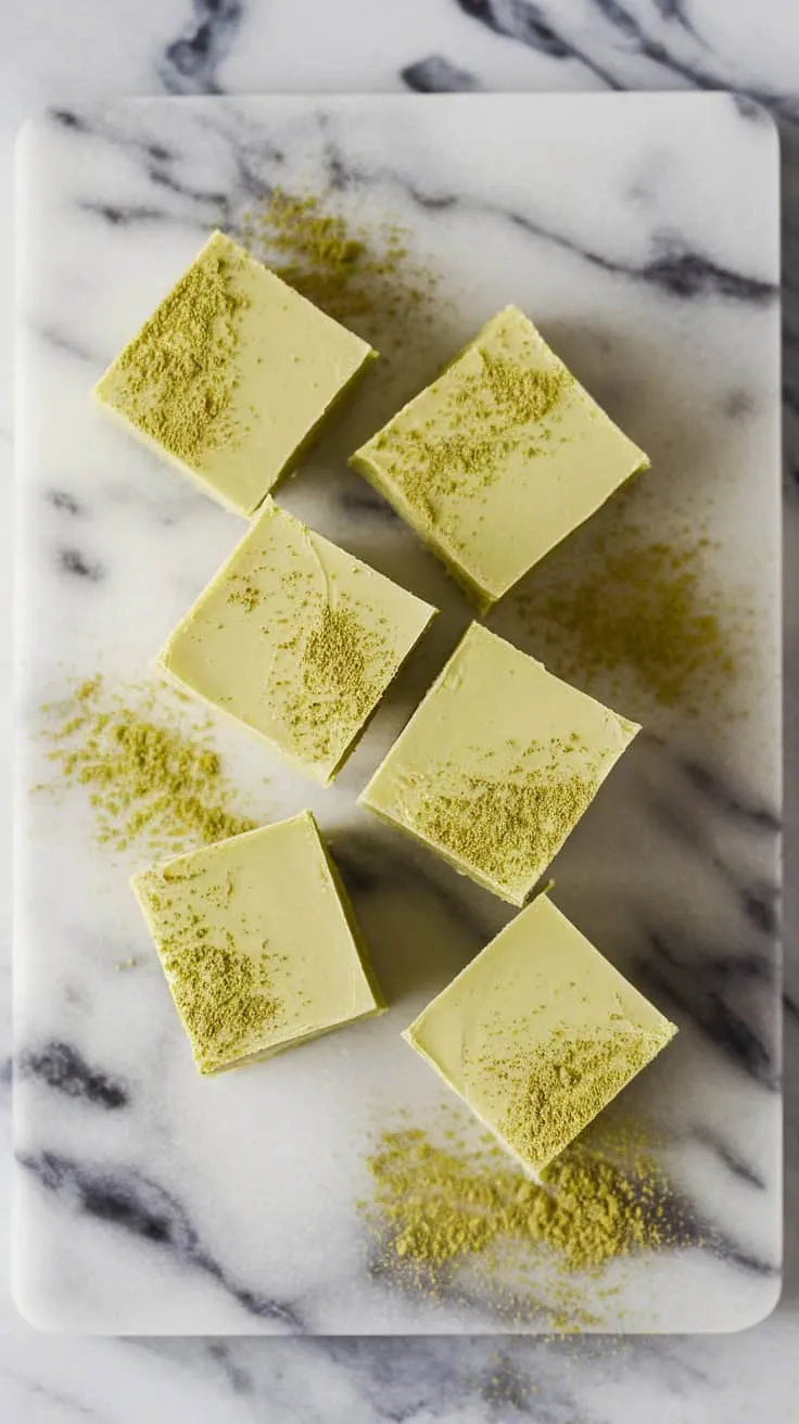 Matcha white chocolate fudge squares arranged on a marble surface
