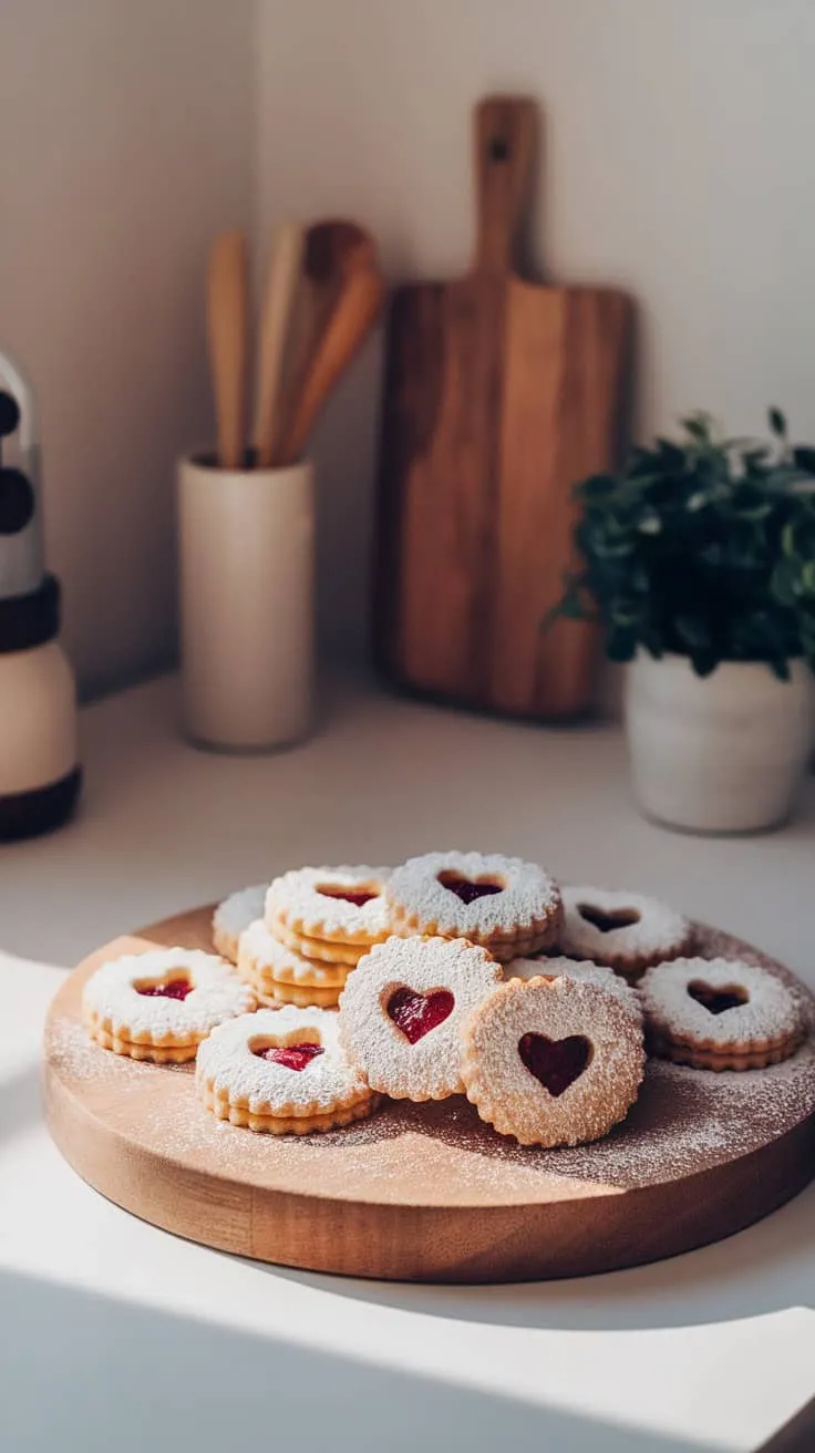 Heart-shaped Linzer cookies with jam filling and powdered sugar