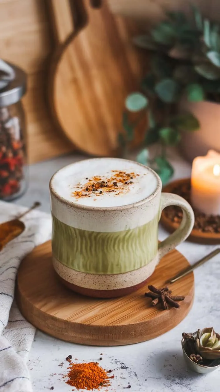 A creamy matcha chai latte served in a green and beige mug on a wooden tray, surrounded by spices.