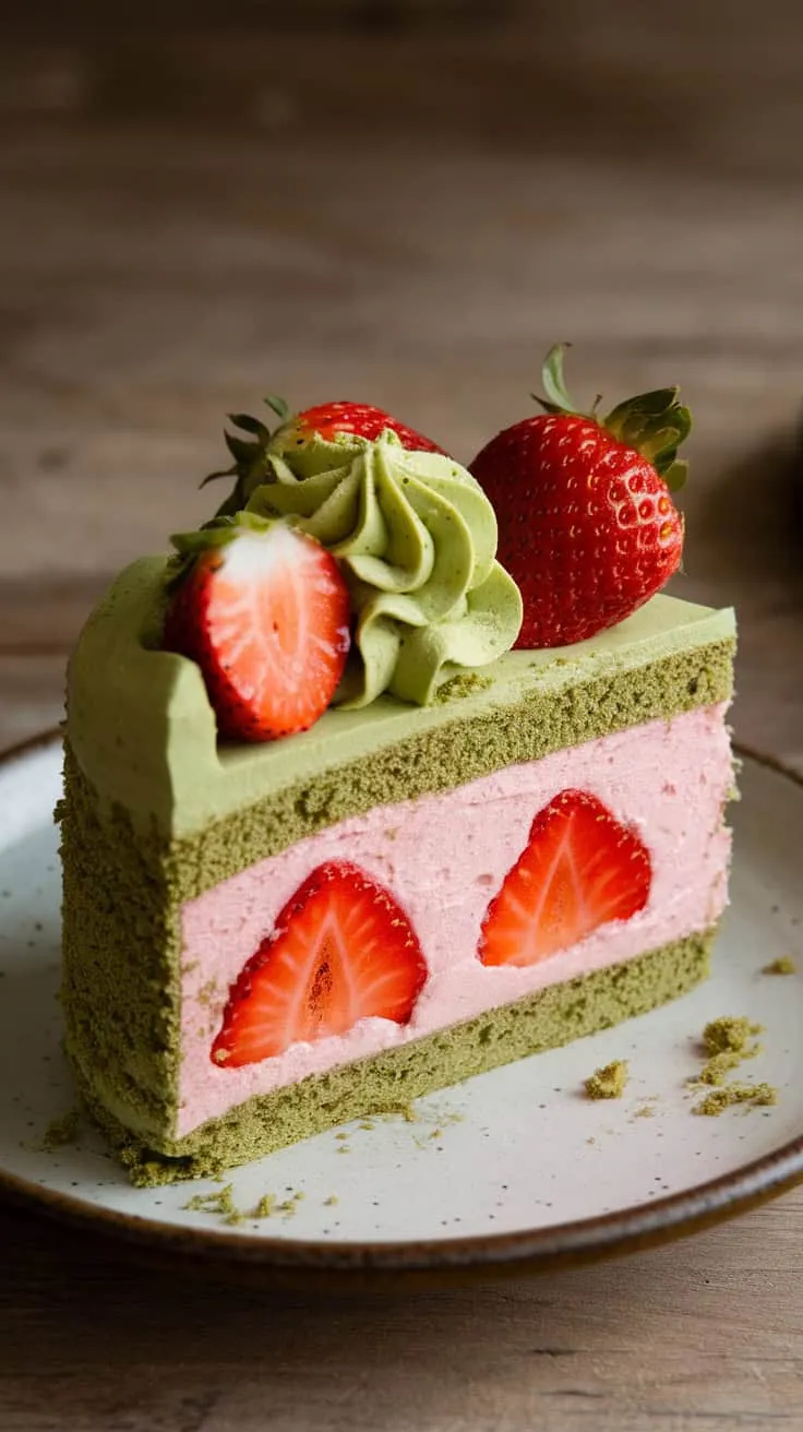 A slice of strawberry matcha cake with strawberries and matcha whipped cream on top.