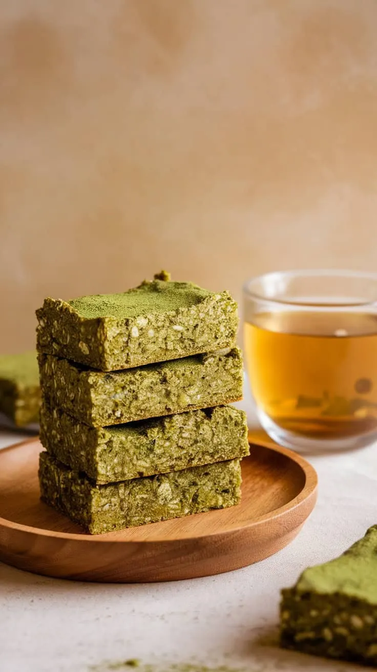 Stack of no-bake matcha oatmeal bars on a wooden plate next to a cup of tea.