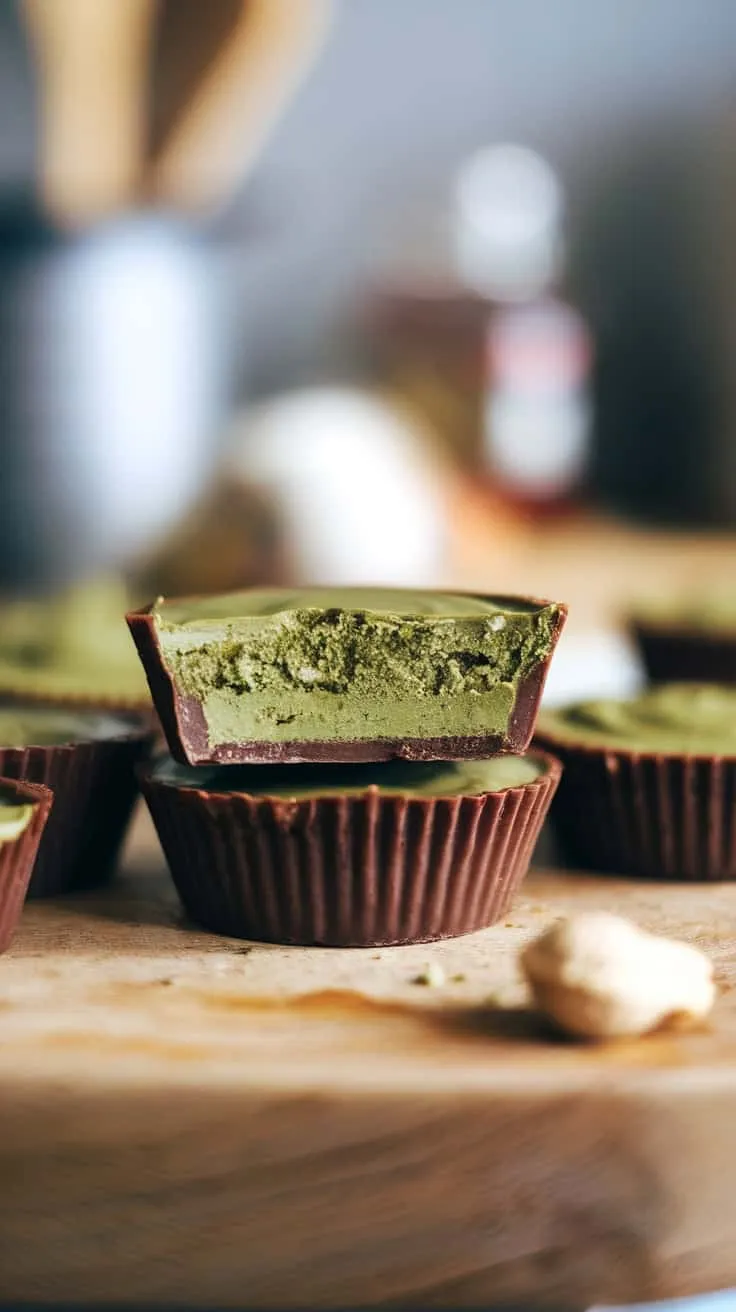 Matcha peanut butter cups displayed on a wooden surface
