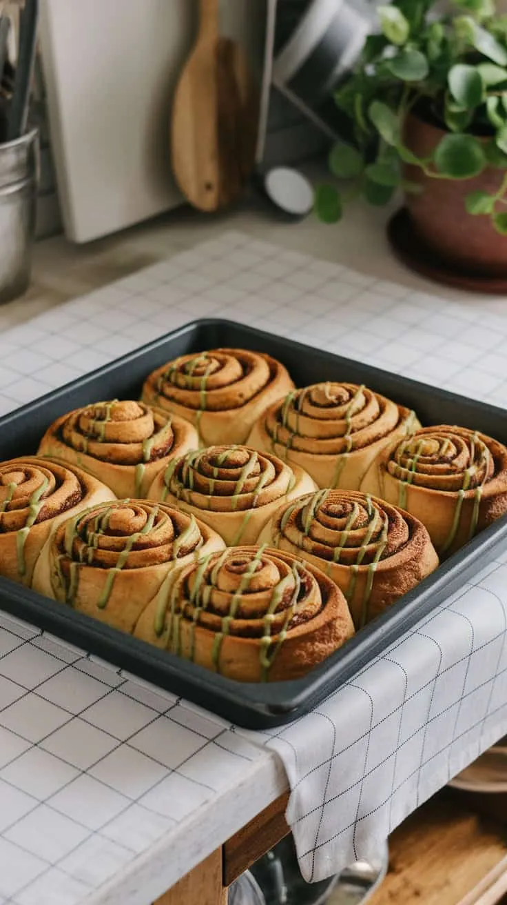 A tray of cinnamon rolls drizzled with matcha glaze on a checkered tablecloth.