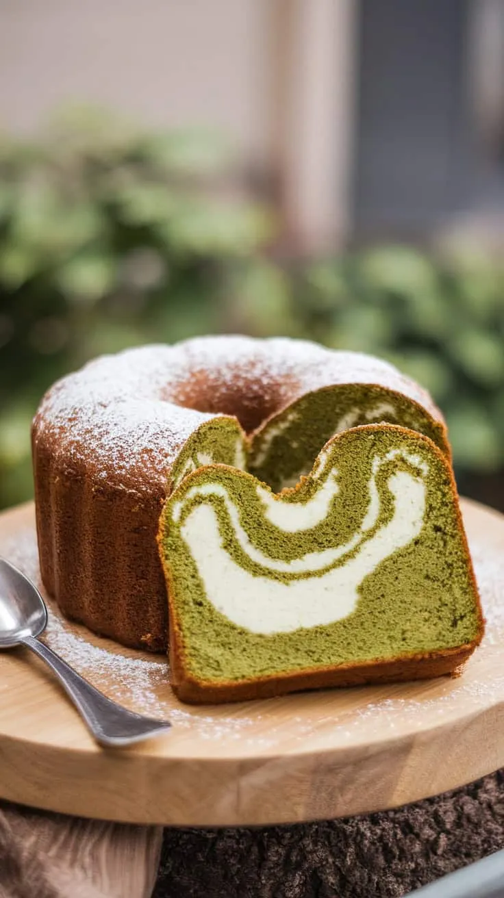 A slice of matcha marble pound cake with a beautiful swirl pattern on a wooden board