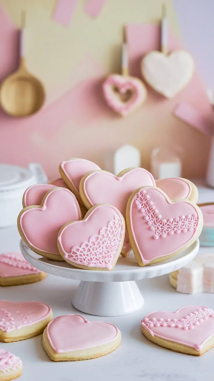 Decorated heart-shaped sugar cookies with royal icing