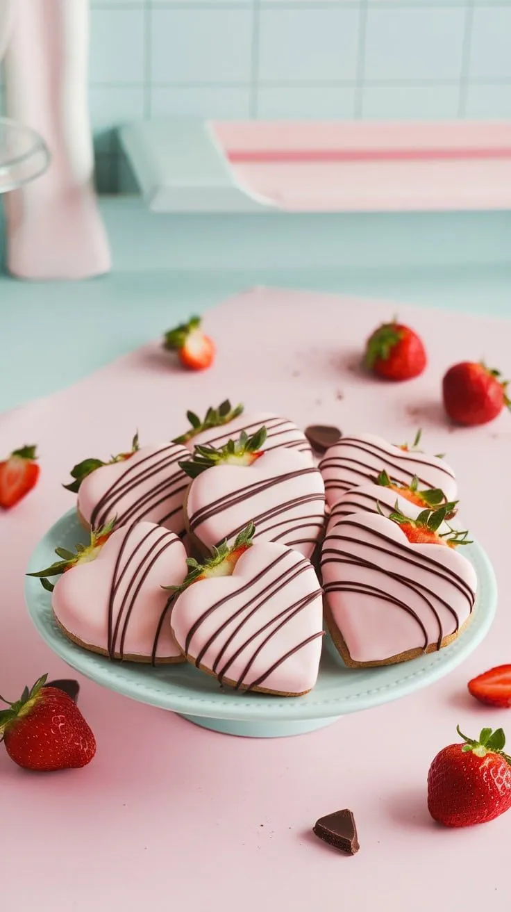 Heart-shaped cookies dipped in chocolate, topped with strawberries.