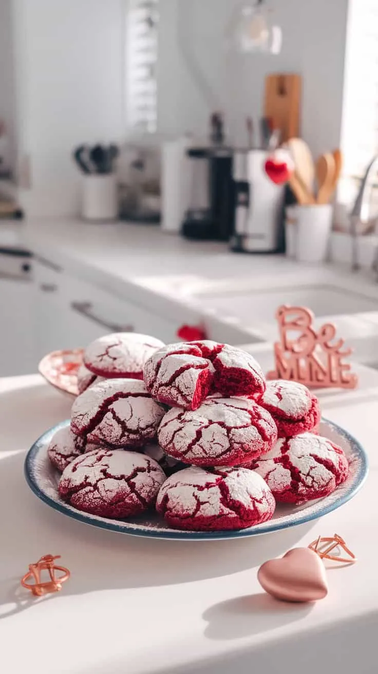 A plate of red velvet crinkle cookies dusted with powdered sugar