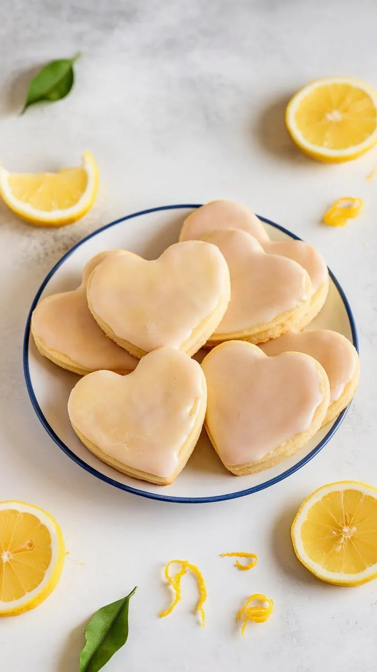 Heart-shaped lemon cookies with a glaze on a plate, surrounded by lemon slices.