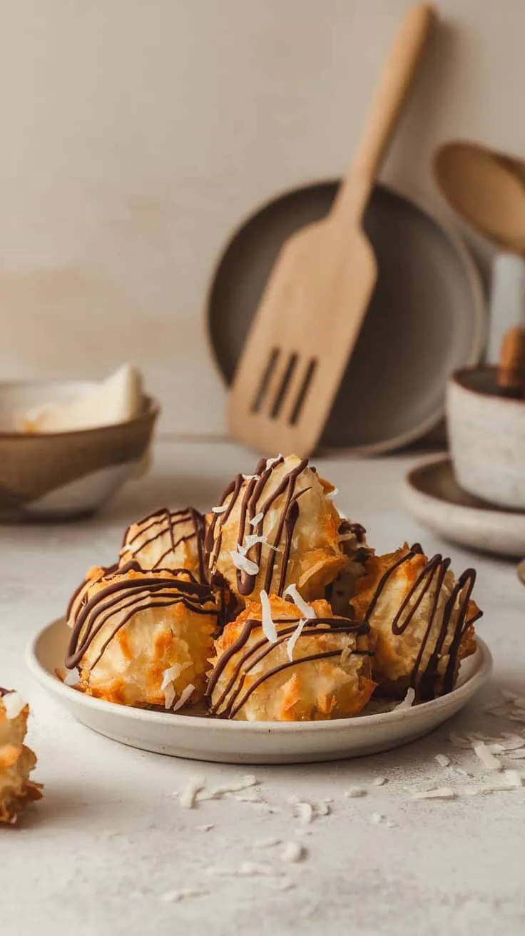 Plate of coconut macaroons drizzled with chocolate