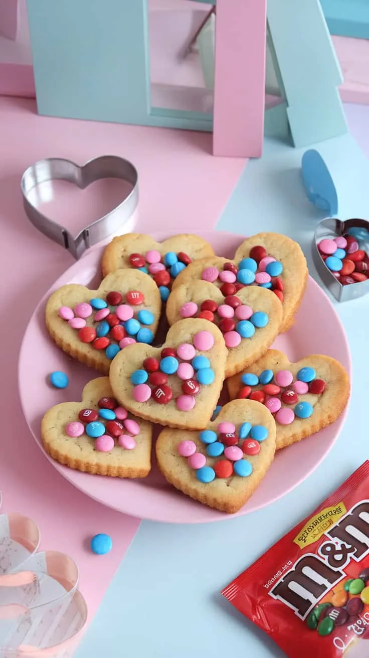 Delicious heart-shaped M&M cookies on a plate, perfect for Valentine's Day.