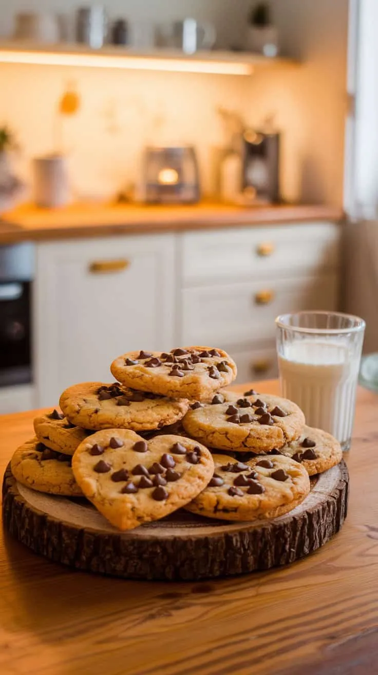Heart-shaped chocolate chip cookies stacked on a wooden platter