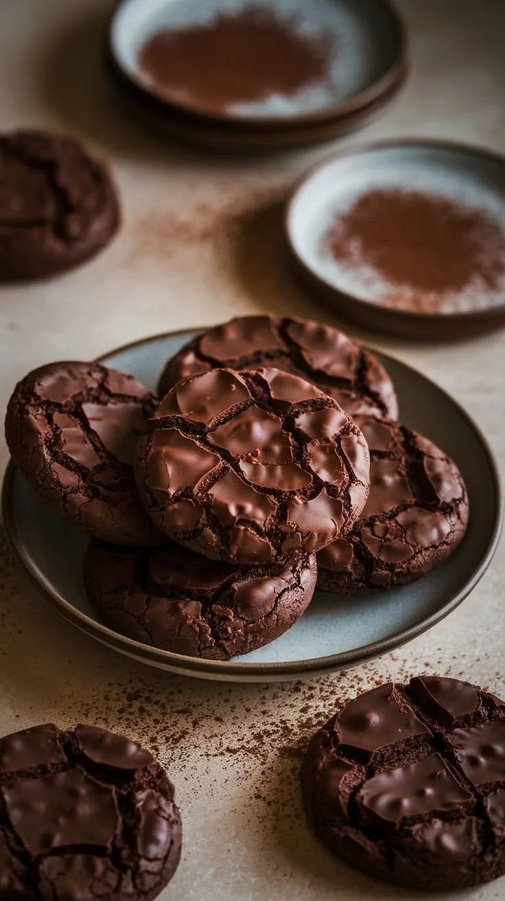Fudgy brownie cookies stacked on a plate