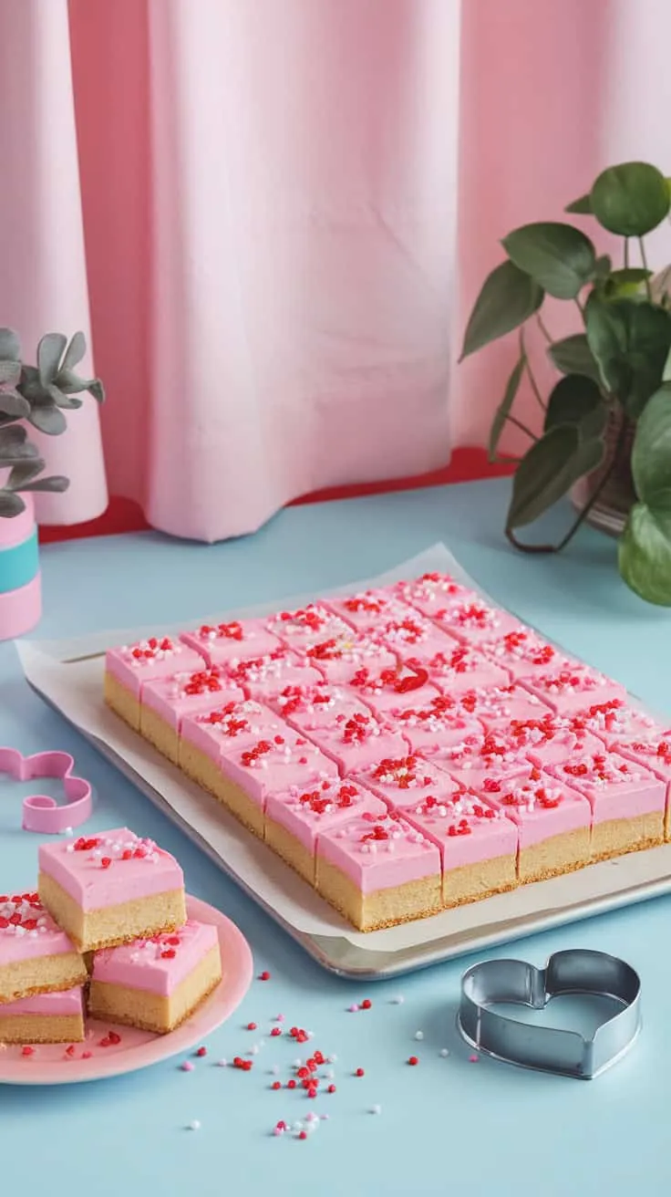 Decorative sugar cookie bars with pink frosting and sprinkles