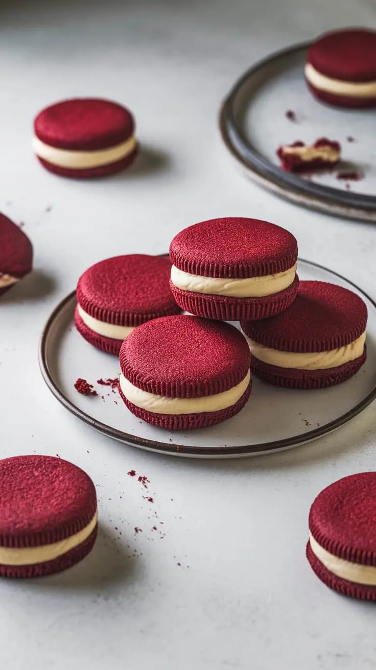 A plate of cheesecake stuffed red velvet cookies