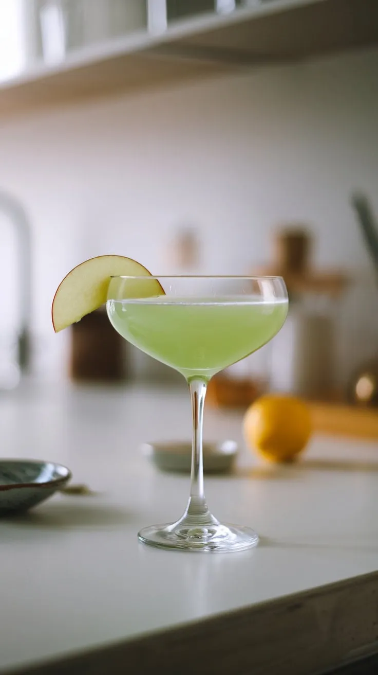 A green apple martini in a glass, garnished with a slice of apple.