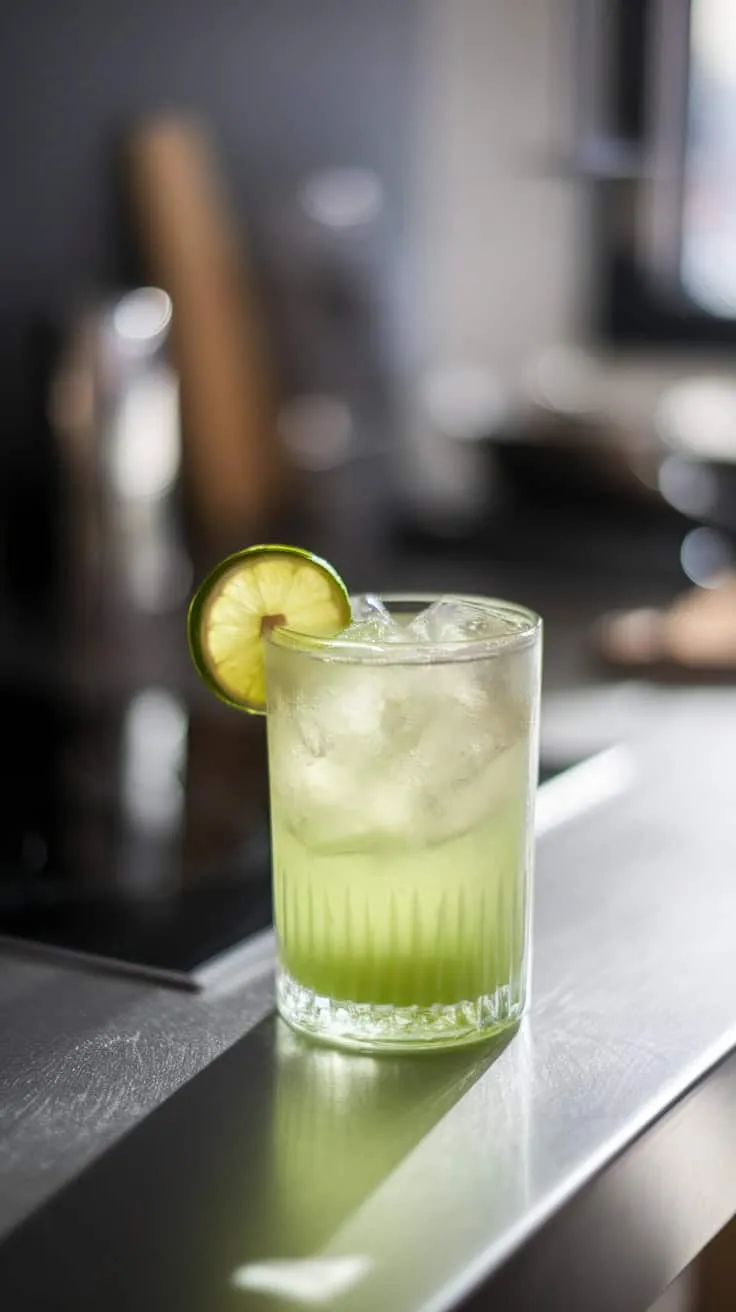 A vibrant green cocktail with ice and a lime slice on a modern kitchen counter.