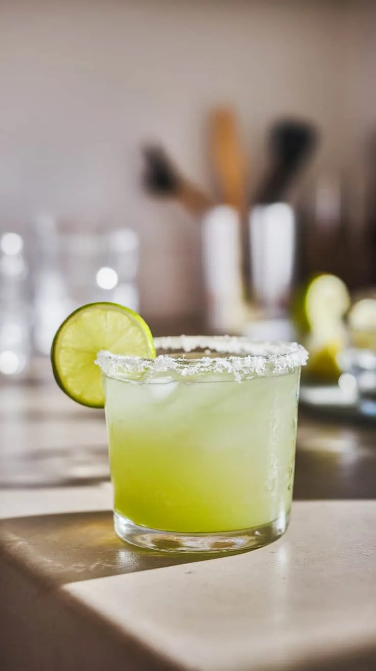 A refreshing green margarita with a lime slice on the rim.