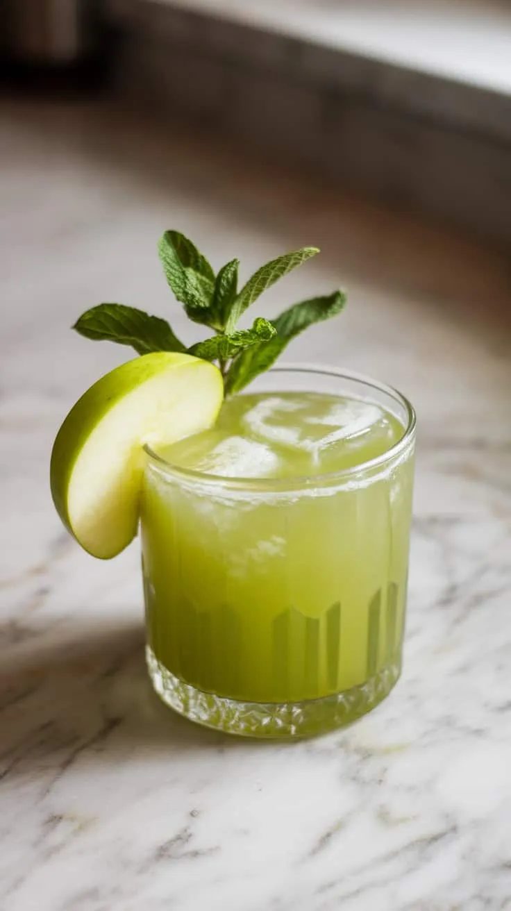 A refreshing Sour Apple Shamrock cocktail with a slice of green apple and mint leaves.