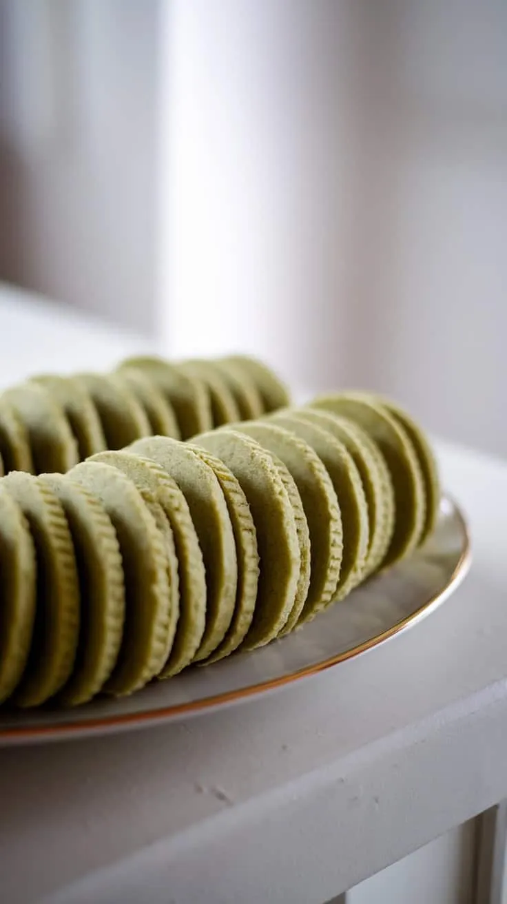 A plate of matcha shortbread cookies arranged neatly.
