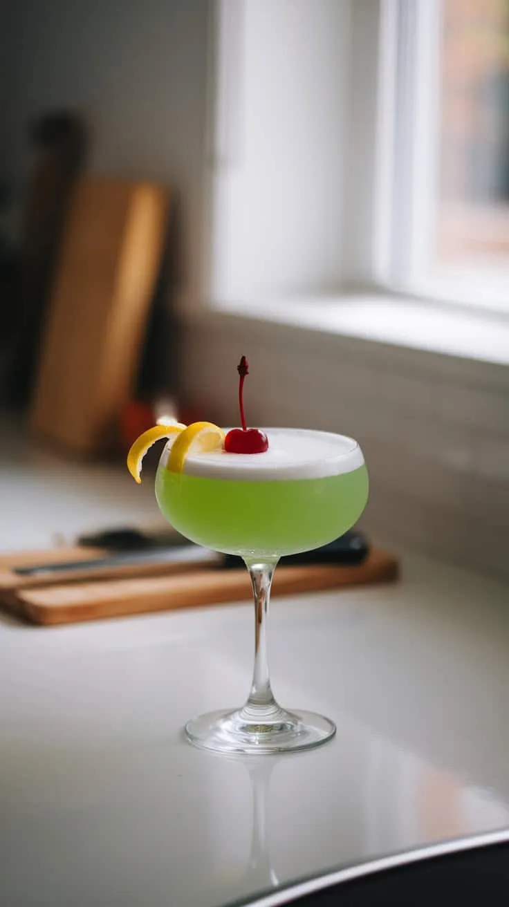 A vibrant green cocktail garnished with lemon slices and a cherry, served in a stylish glass.
