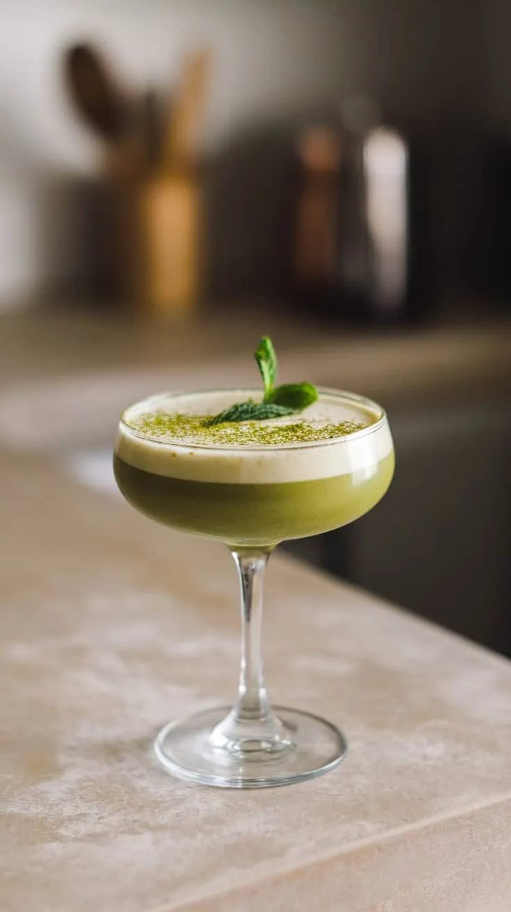 A green matcha cocktail garnished with mint in a stylish glass.