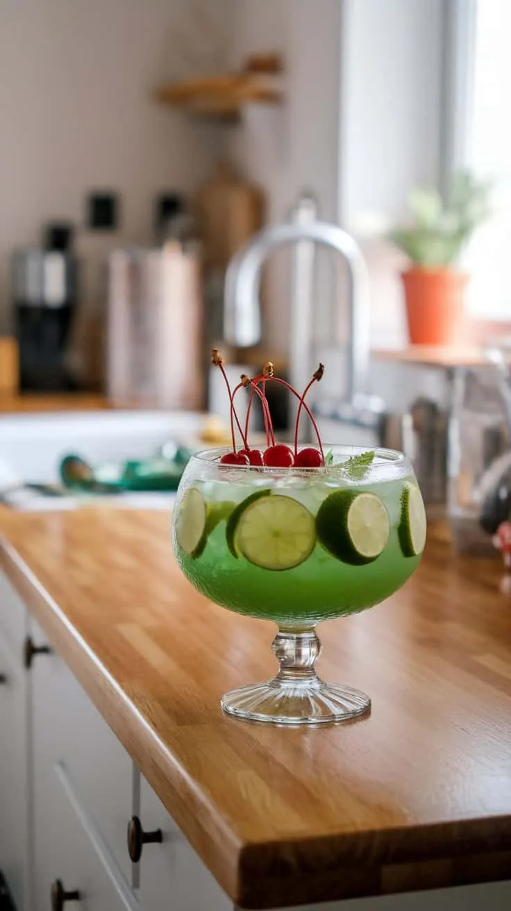 A bowl of vibrant green Grinch Punch with lime slices and cherries on top.