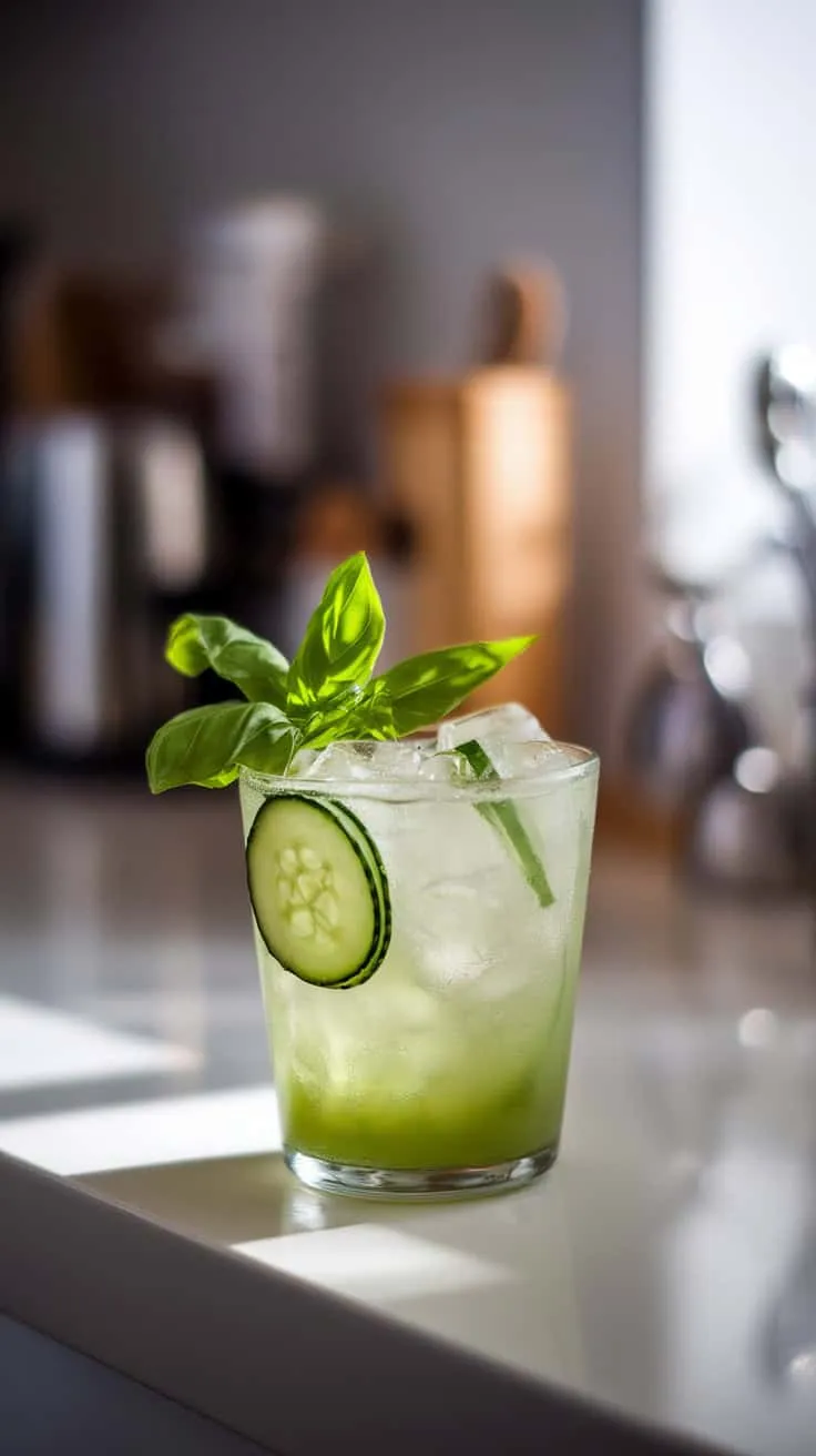 A refreshing cucumber basil gimlet cocktail garnished with a cucumber slice and basil leaves.