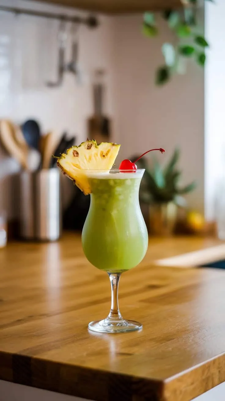 A vibrant Green Hawaiian Cocktail adorned with a slice of pineapple and a cherry, set against a cozy kitchen backdrop.