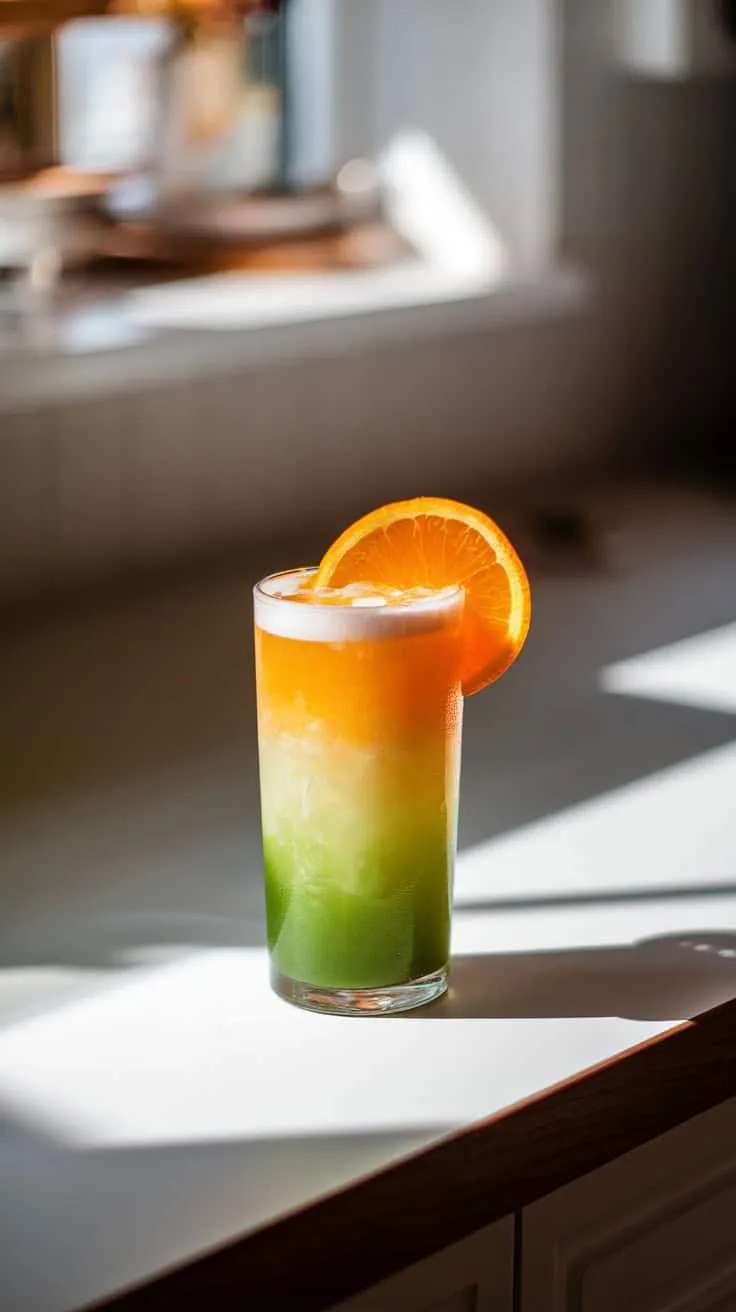 A colorful cocktail with layers of green and orange, garnished with an orange slice.