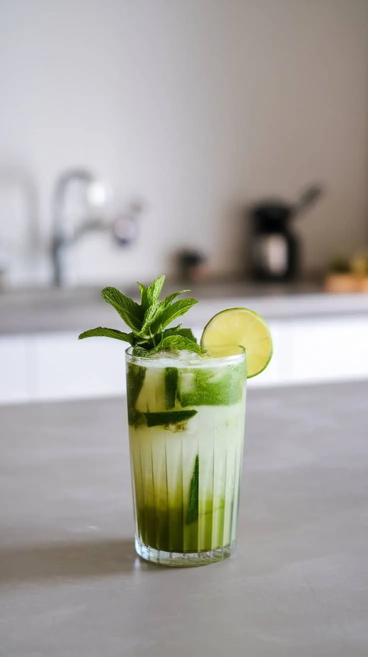 A refreshing Matcha Mojito cocktail with mint and lime.