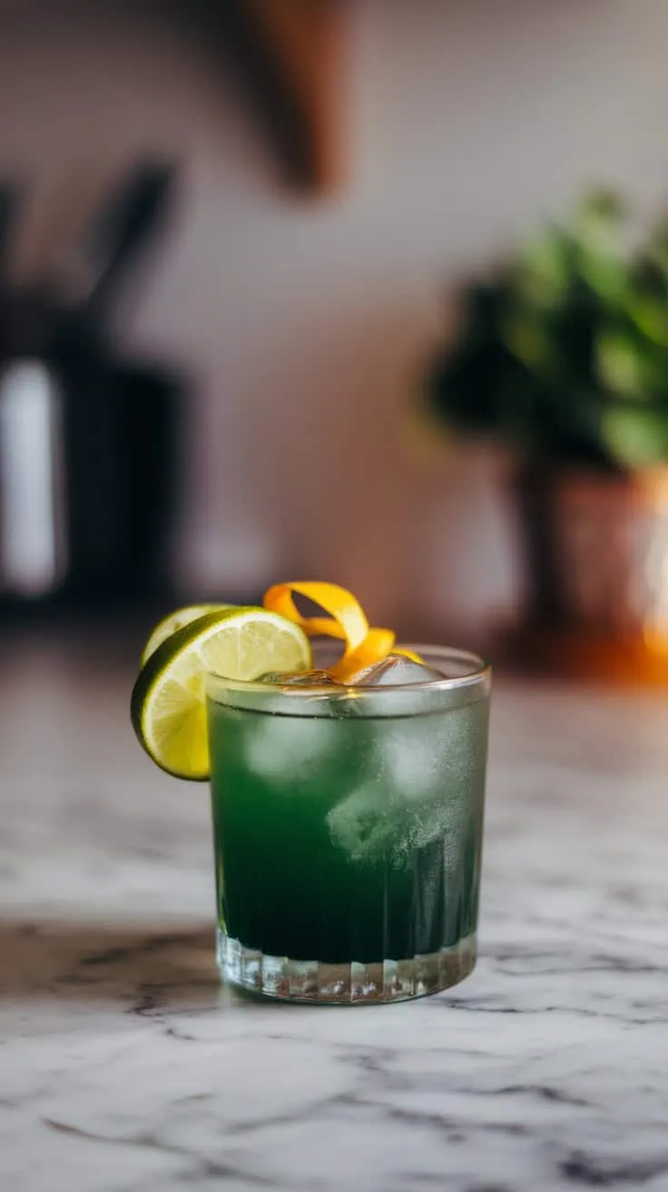 A refreshing Green River Cocktail with lime and orange garnish