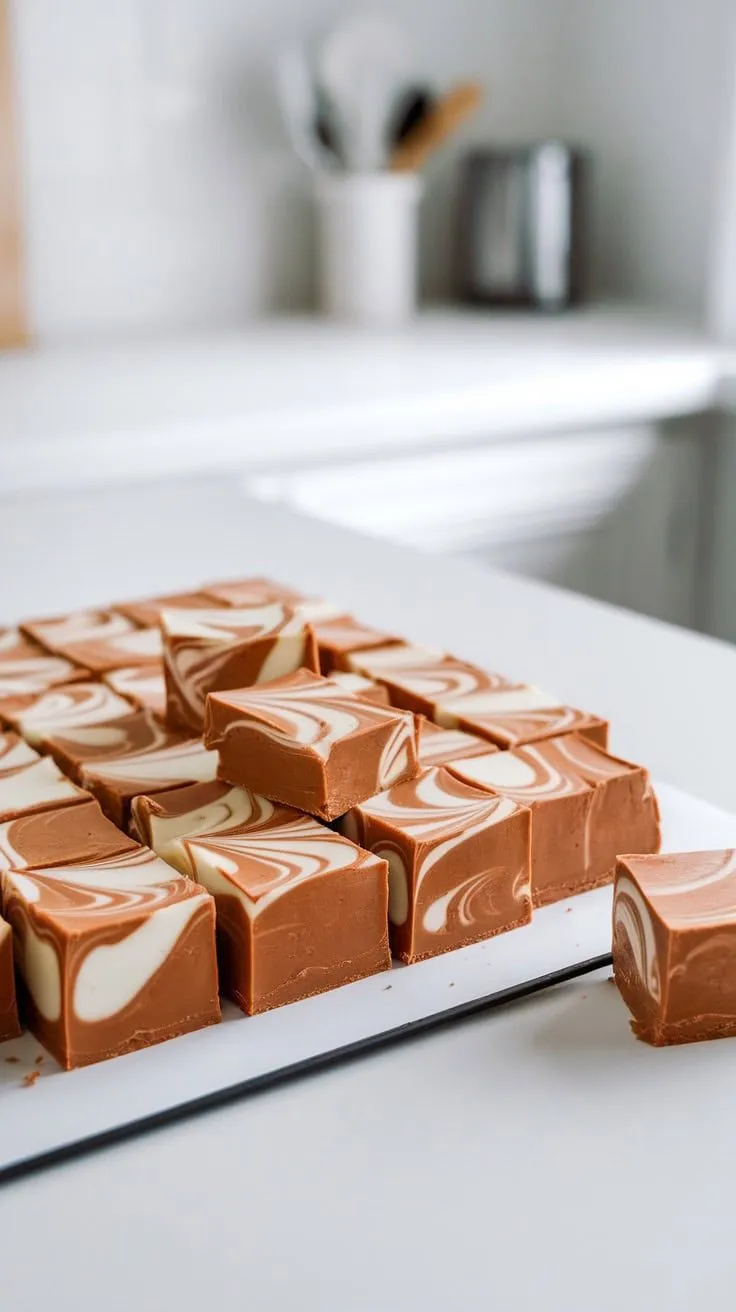A beautifully arranged plate of cinnamon roll fudge with swirls of white and brown.