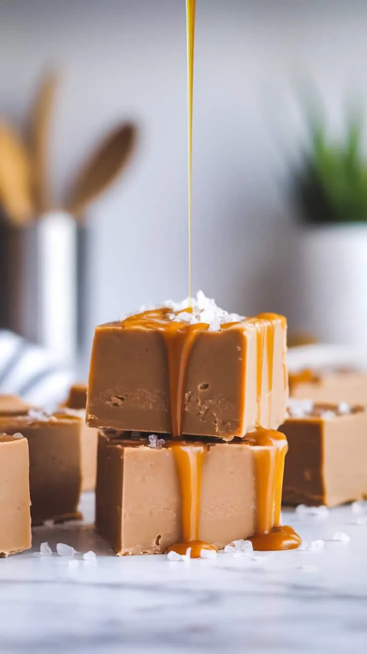 Delicious salted caramel fudge with caramel drizzling on top and a sprinkle of salt.