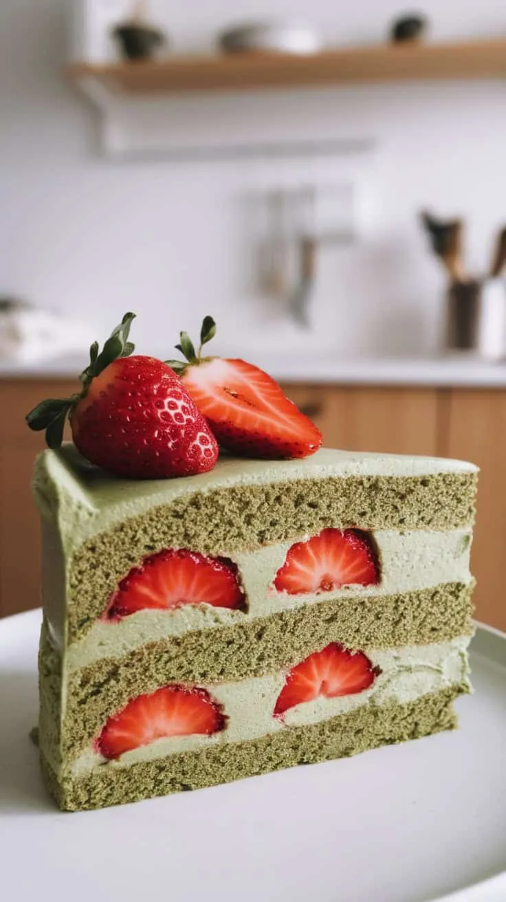 A slice of Strawberry Matcha Cake showcasing layers of green tea cake and fresh strawberries, topped with matcha whipped cream.