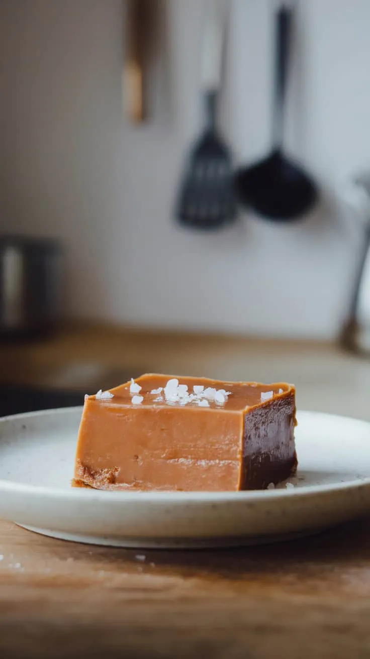 A delicious piece of dulce de leche fudge topped with sea salt on a plate.