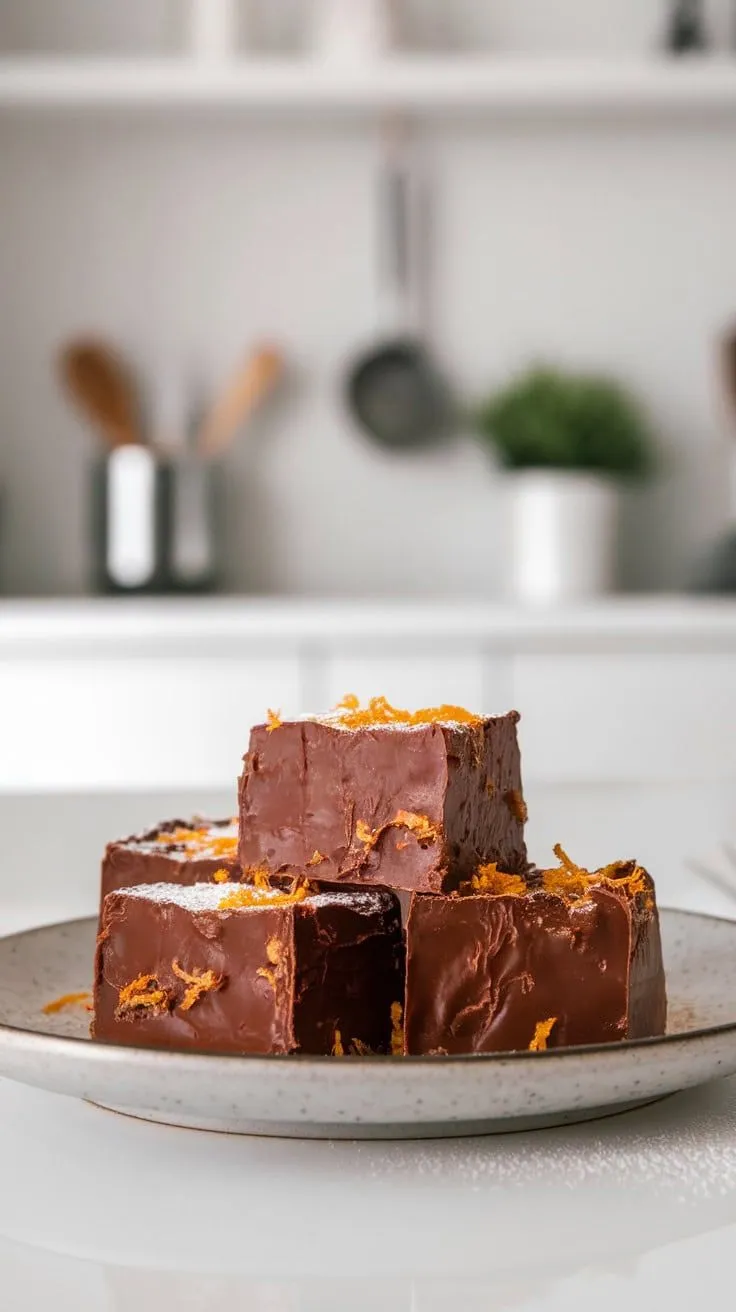 A plate of chocolate orange fudge topped with orange zest