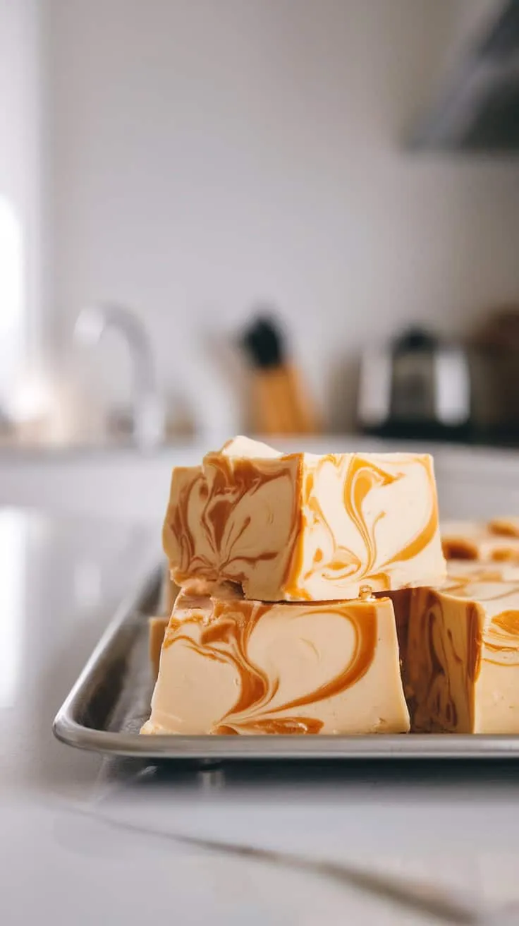 A close-up of white chocolate caramel fudge pieces on a tray.