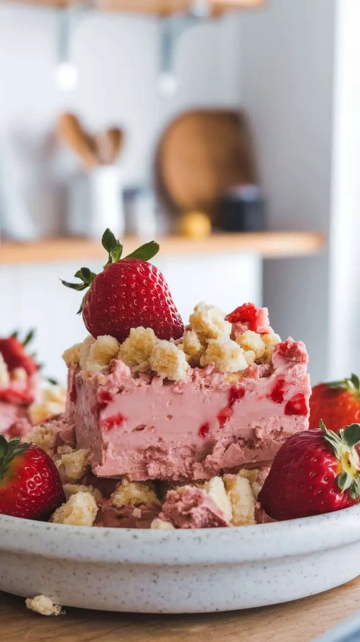Delicious strawberry shortcake fudge topped with fresh strawberries, served in a bowl.