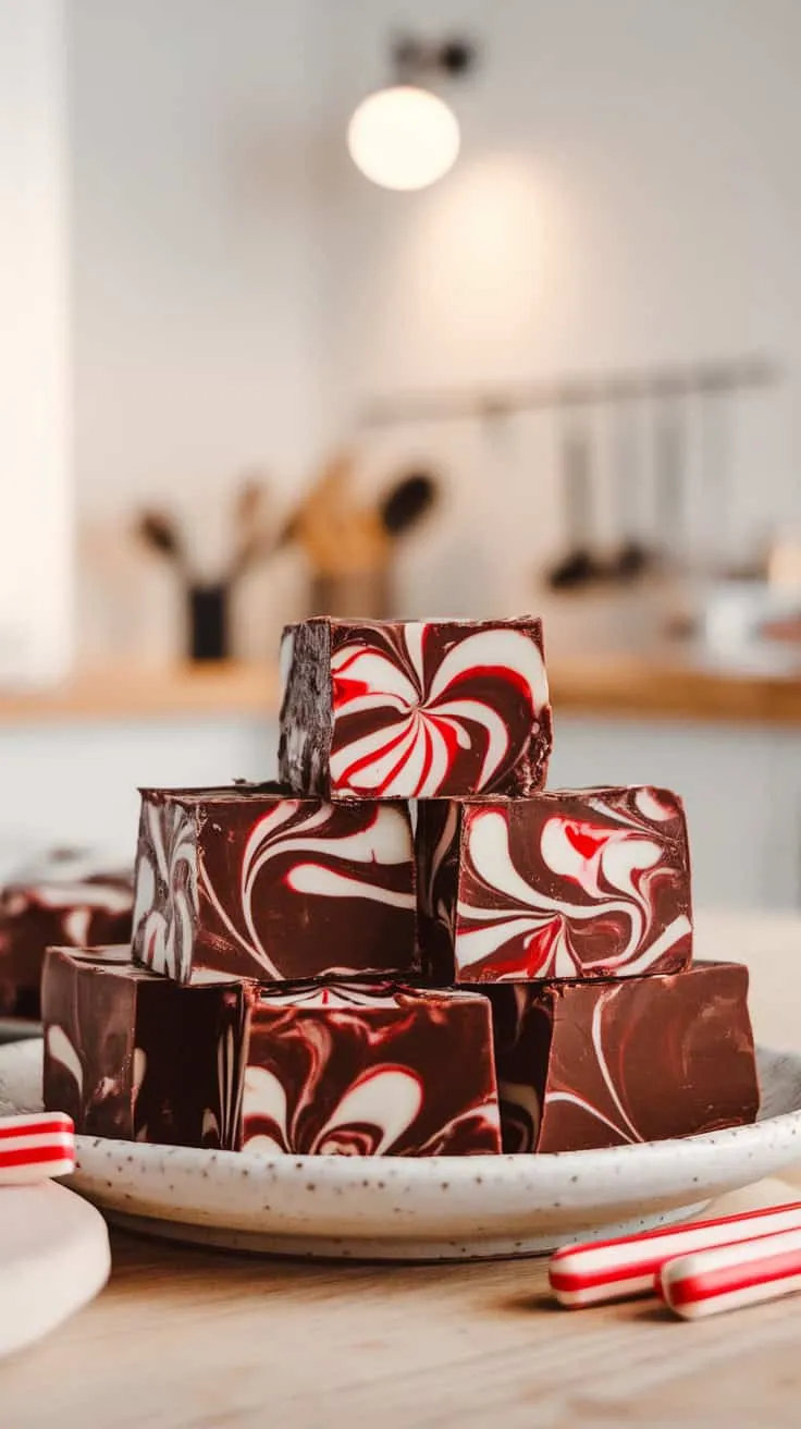 A plate of beautifully swirled chocolate peppermint fudge with candy canes