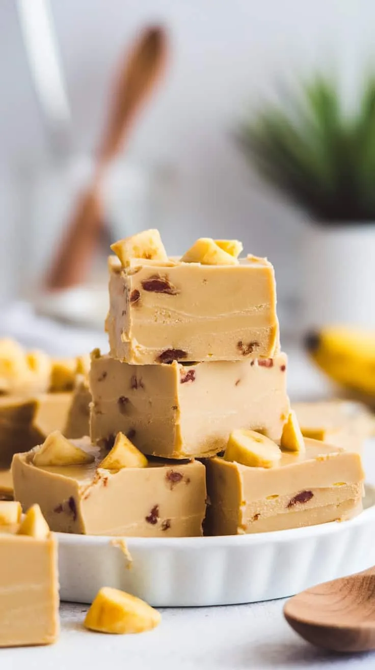 A stack of banana fudge pieces on a plate with banana slices scattered around.
