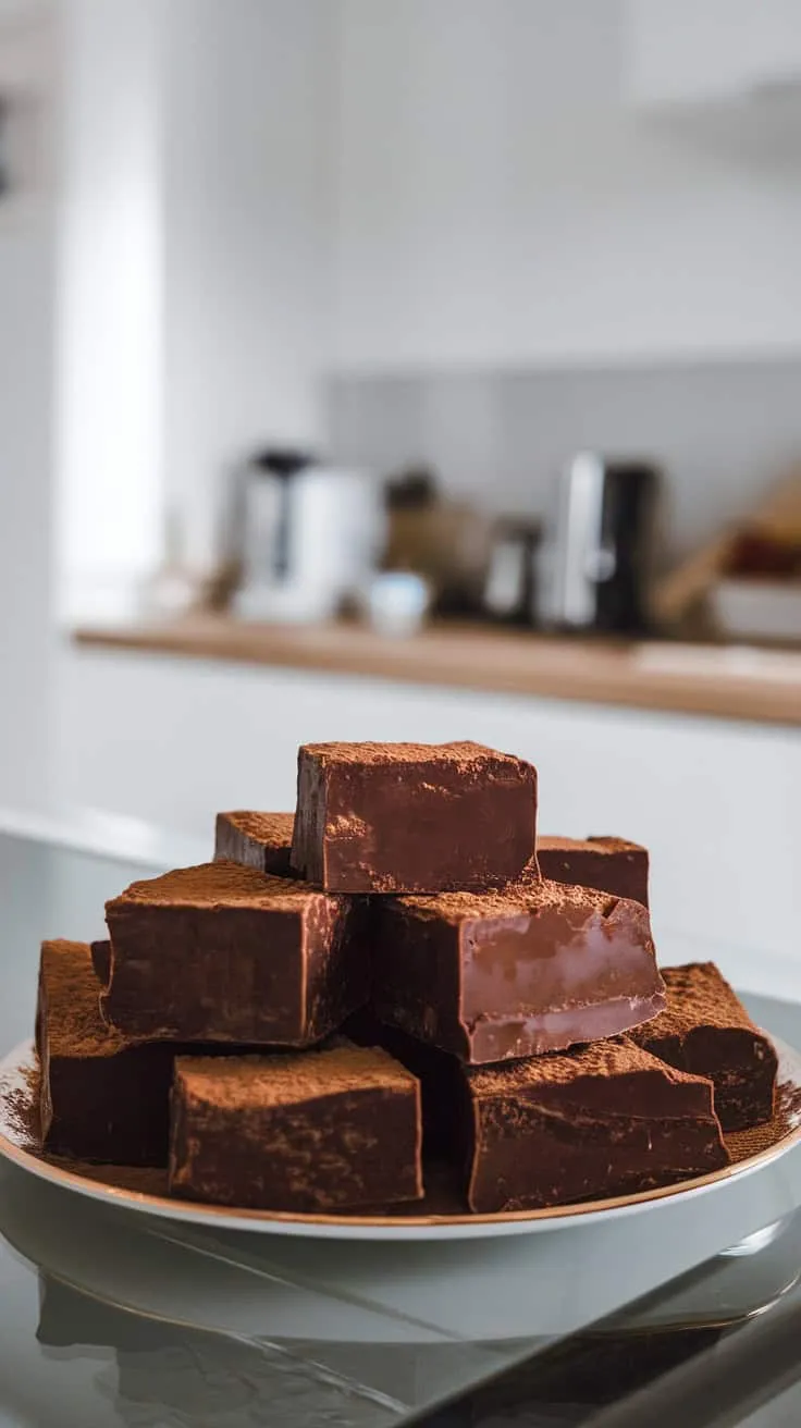A plate stacked with rich mocha fudge