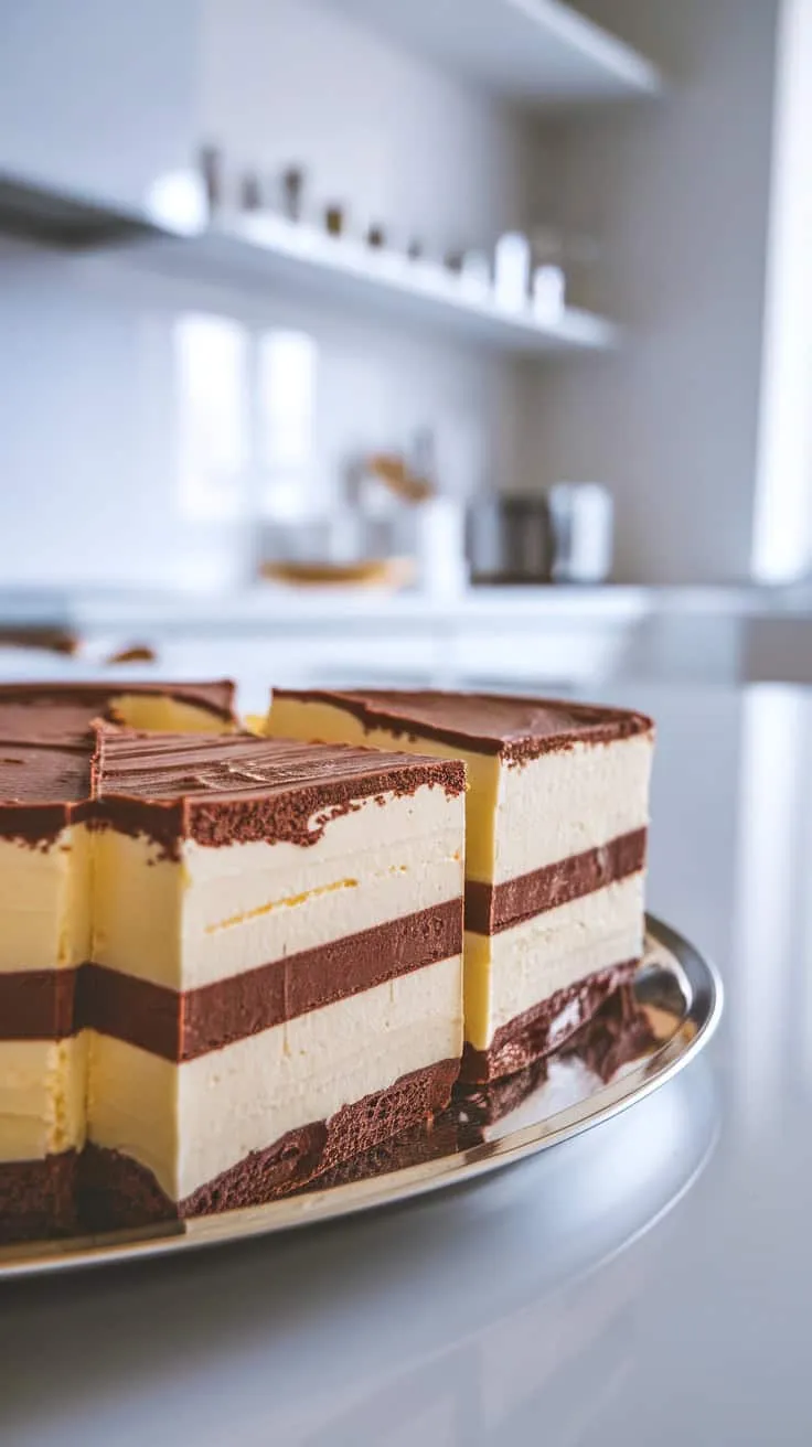 A tray of Boston Cream Pie Fudge with chocolate and vanilla layers.
