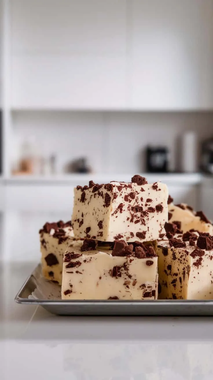 A plate of cookies and cream fudge with cookie pieces on top