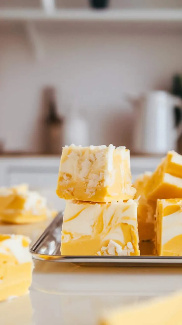 Delicious creamy yellow and white swirled fudge on a tray