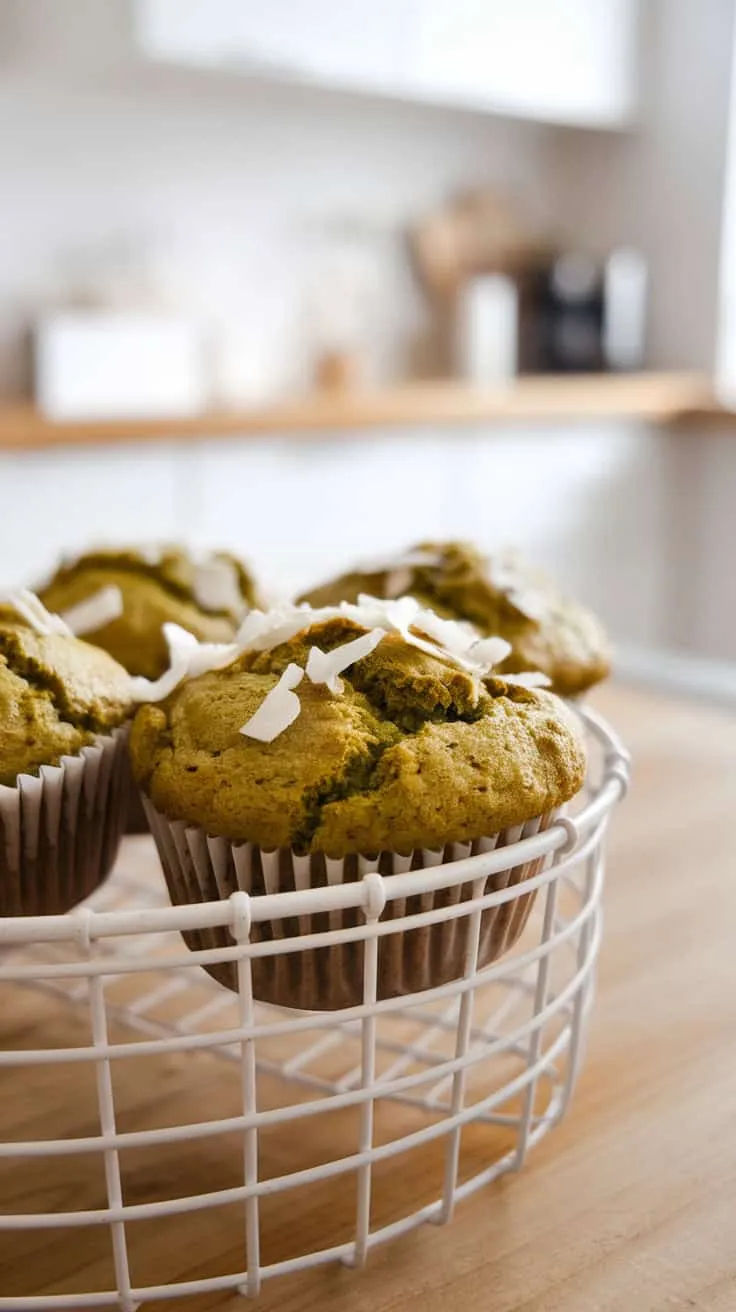 A close-up of matcha banana coconut muffins in a white basket.
