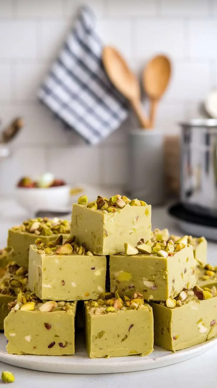A stack of green pistachio fudge squares topped with chopped pistachios, set in a bright kitchen.
